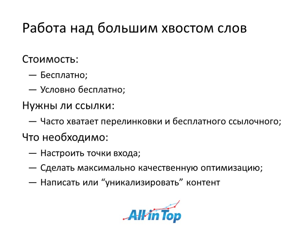 Работа над большим хвостом слов Стоимость: Бесплатно; Условно бесплатно; Нужны ли ссылки: Часто хватает